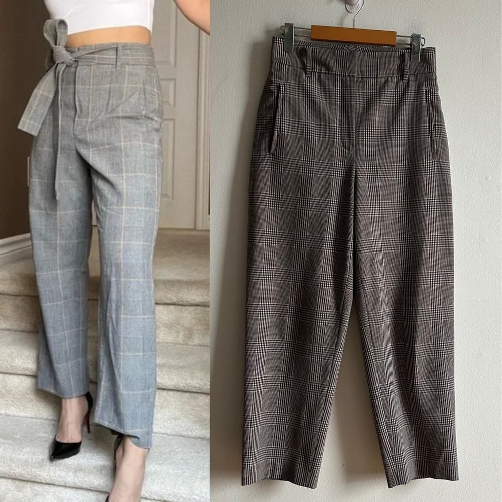 Aritzia Wilfred Sz 6 Tie Front Grey Plaid AcademiA Ankle Tapered Pants